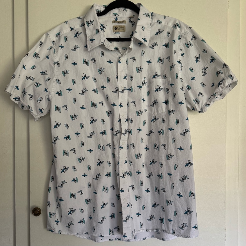 Haggar Clothing Men's Button Down Shirt Size XXL White Short Sleeve Surf Boards